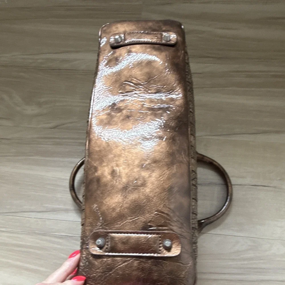 Madi Claire Metallic Bronze Croc Embossed Satchel Zip Shoulder Strap Pockets